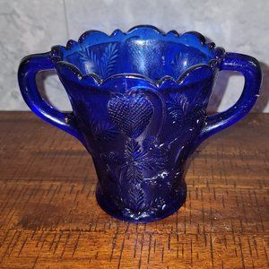 Vintage Cobalt Blue Inverted Strawberry Two Handled Jar/Vase, 5" Tall x 4.25" W